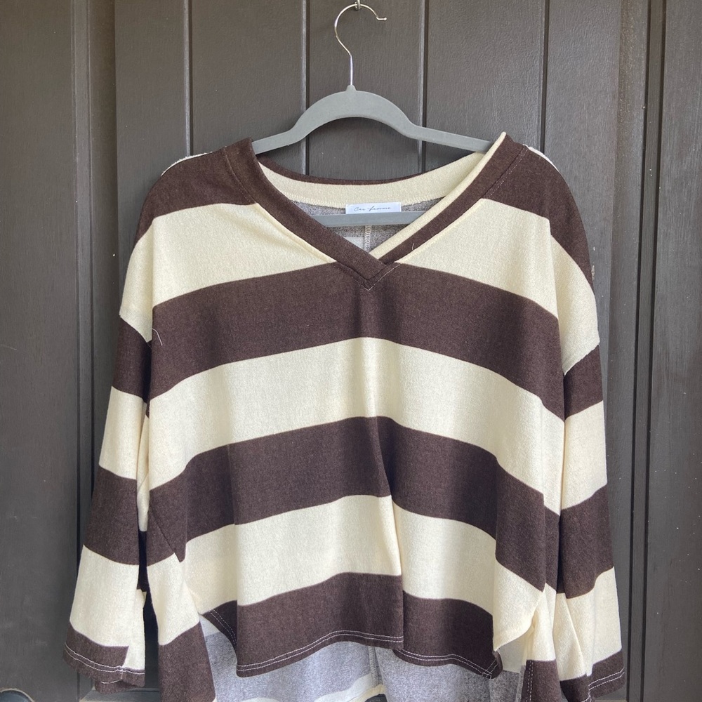 Brown and Cream Striped V-Neck Sweater